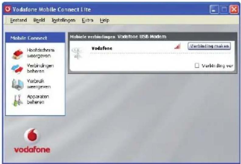 Vodafone Mobile Connect Lite Bestand Beeld Instelingen Extra Help Mobile Connect Hoaftdschem weergeven Verbindingen beheren Yerbruk weergeven Apparaten beheren Mobilee verbindingen Vodafone USD Modem Vodafone Verbinding maken □ Verbinding vor vodafone