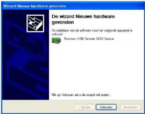 Wizard Nieuwe hardware gevonden De wizard Nieuwe hardware gevonden De installatie van de software voor het volgende apparaat is voltaid: Thomson USB Remote NDIS Device Hok op Voltzoven als u de wizard mit sluten. a Votive Voltzogen Availment