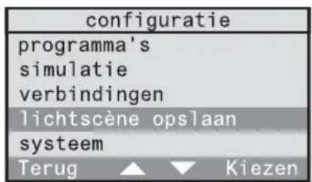 configuratie programma's simulatie verbindingen lichtscène opslaan systeem Terug ▲ ▼ Kiezen