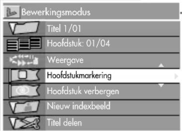 Bewerkingsmodus Titel 1/01 Hoofdstuk: 01/04 Weergave Hoofdstukmarkering Hoofdstuk verbergen Nieuw indexbeeld Titel delen
