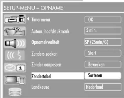 SETUP-MENU - OPNAME Timermenu OK Autom. hoofdstukmark. 5 min. Opnamekwaliteit SP (25min/G) Zenders zoeken Start Zender aanpassen Bewerken Zendertabel Sorteren Landkeuze Nederland
