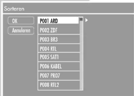 Sorteren OK Annuleren P001 ARD P002 ZDF P003 BR3 P004 RTL P005 SAT1 P006 KABEL P007 PRO7 P008 RTL2