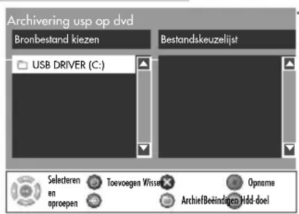 Archivering usp op dvd Bronbestand kiezen Bestandskeuzelijst USB DRIVER (C:) Selecteren en aproepen Toevoegen Wissun Opname ArchiefBeëindinen Ydd doel
