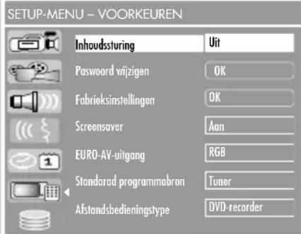 SETUP-MENU - VOORKEUREN Inhoudssturing Uit Password wijzigen OK Fabrieksinstellingen OK Screensaver Aan EURO-AV-uitgang RGB Standardad programmabron Tuner Afstandsbedieningtype DVD-recorder