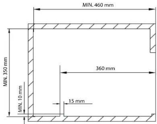 MIN. 460 mm MIN. 350 mm MIN. 10 mm 360 mm 15 mm
