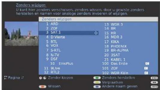 Zenders wizigen U kunt hier zenders verschuiven, zenders wissen, door u gewiste zenders herstellen en namen voor analoge zenders invoeren of wizigen. Zenders wizigen 1 ARD 13 WDR 3 2 ZDF 14 BR 3 SAT-1 15 HR 4 D Vierte 16 MDR 3 5 RTL 17 KIKA 6 VOX 18 PHOENIX 7 S-RTL 19 BR-ALPHA 8 N-TV 20 3SAT 9 DSF 21 KABEL 1 10 EinsPlus 100 Das Erste 11 9Live 101 ZDF 12 RTL2 102 WDR Köln Zender kiezen Zenders herstellen Verplaatsen Wissen Andere naam geven Pagina i