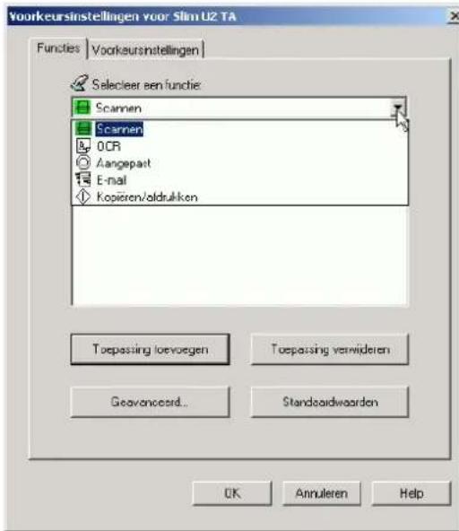 Voorkeursinstellingen voor Slim U2 TA Functies | Voorkeursinstellingen | Selecteer een functie: Scannen Scannen OCR Aangepart E-mail Kopieren/oldrukken Toepassing loevvegen Toepassing verwideren Geovanceerd... Standzaardwaarden OK Annuleren Help