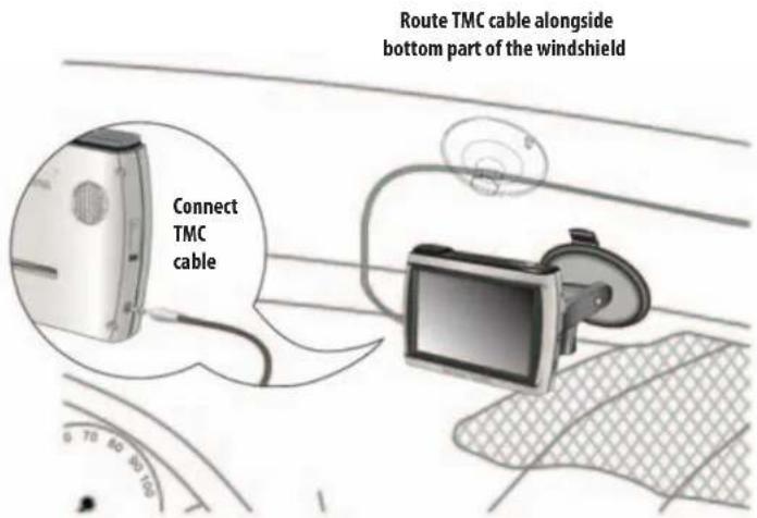 Route TMC cable alongside bottom part of the windshield Connect TMC cable