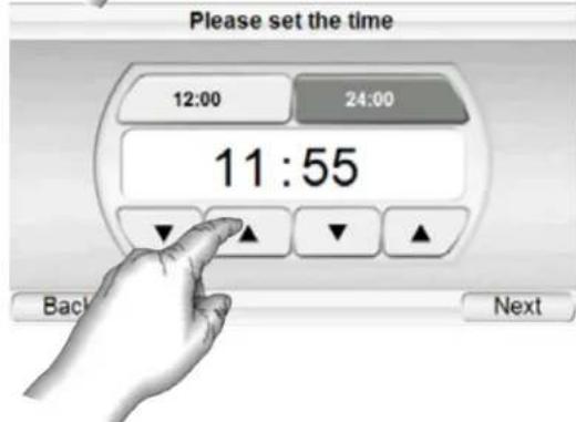 Please set the time 12:00 24:00 11:55 Back Next