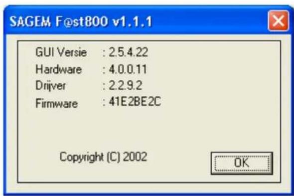 SAGEM F@st800 v1.1.1 GUI Versie : 2.5.4.22 Hardware : 4.0.0.11 Driver : 2.2.9.2 Firmware : 41E2BE2C Copyright (C) 2002 OK