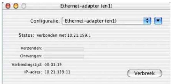 Ethernet-adapter (en1) Configuratie: Ethernet-adapter (en1) Status: Verbonden met 10.21.159.1 Verzenden: Ontvangen: Verbindingstijd: 00:01:19 IP-adres: 10.21.159.11 Verbreek