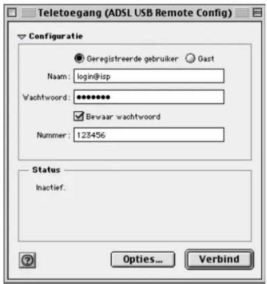 Teletoegang (ADSL USB Remote Config) Configuratie ● Geregistreerde gebruiker ○ Gast Naam: login@isp Wachtwoord: •••••••• ✓ Bewaar wachtwoord Nummer: 123456 Status Inactief. Options... Verbind
