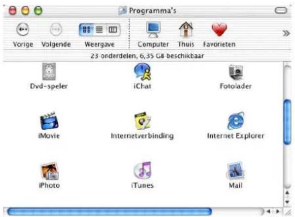 Programma's Vorige Volgende Weergave Computer Thuis Favorieten 23 onderdelen, 6,35 GB beschikbaar Dvd-speler iChat Fotolader iMovie Internetverbinding Internet Explorer iPhoto iTunes Mail