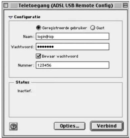 Teletoegang (ADSL USB Remote Config) Configuratie ● Geregistreerde gebruiker ○ Gast Naam: login@isp Wachtwoord: •••••••• ✓ Bewaar wachtwoord Nummer: 123456 Status Inactief. Options... Verbind