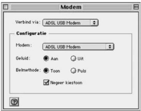 Modem Verbind via: ADSL USB Modem Configuratie Modem: ADSL USB Modem Geluid: Aan Uit Belmethode: Toon Puls Negeer kiestoon