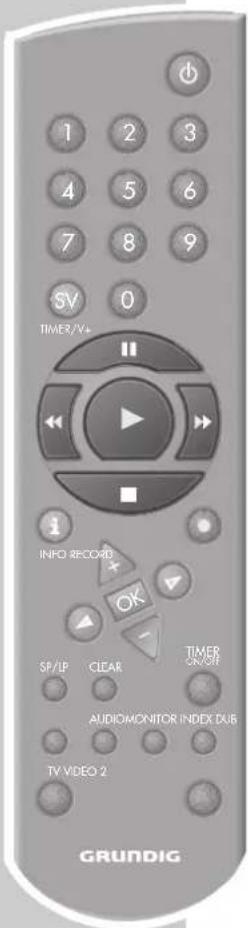 1 2 3 4 5 6 7 8 9 SV 0 TIMER/V+ INFO RECORD OK SP/LP CLEAR TIMER ON/OFF AUDIOMONITOR INDEX DUE TV VIDEO 2 GRUNDIG