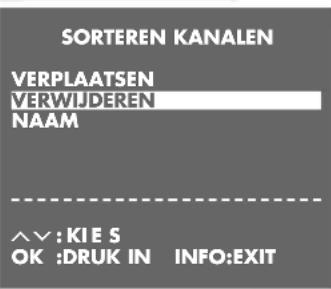 SORTEREN KANALEN VERPLAATSEN VERWIJDEREN NAAM ^V:KIES OK :DRUK IN INFO:EXIT