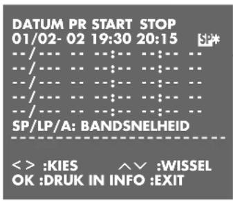 DATUM PR START STOP 01/02- 02 19:30 20:15 --/-- -- --: :. --/-- -- --: :. --/-- -- --: :. --/-- -- --: :. --/-- -- --: :. SP/LP/A: BANDSNELHEID < > :KIES ∧ ∨ :WISSEL OK :DRUK IN INFO :EXIT