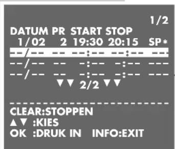 1/2 DATUM PR START STOP 1/02 2 19:30 20:15 SP* --/-- -- :-- :-- --/-- -- :-- :-- --/-- -- :-- :-- ▼ 2/2 ▼▼ CLEAR:STOPPEN ▲▼ :KIES OK :DRUK IN INFO:EXIT