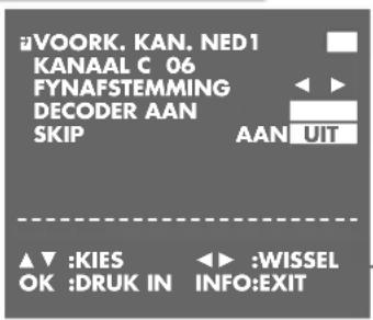 #VOORK, KAN, NED1 KANAAL C 06 FYNAFSTEMMING DECODER AAN SKIP AAN UIT ▲▼ :KIES OK :DRUK IN ◀ ▶ :WISSEL INFO:EXIT