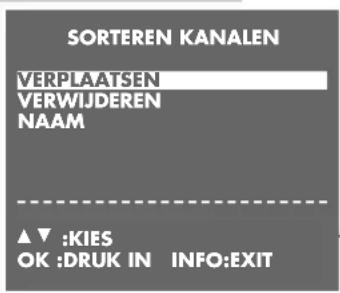 SORTEREN KANALEN VERPLAATSEN VERWIJDEREN NAAM ▲▼ :KIES OK :DRUK IN INFO:EXIT