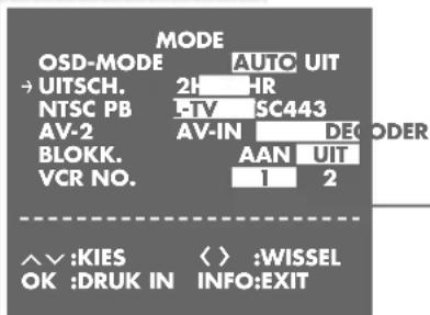 MODE OSD-MODE AUTO UIT → UITSCH. 2H HR NTSC PB -TV SC443 AV-2 AV-IN DE BLOKK. AAN UIT VCR NO. 1 2 A∨ :KIES < > :WISSEL OK :DRUK IN INFO:EXIT