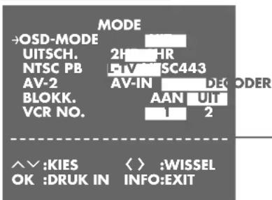 MODE →OSD-MODE UITSCH. NTSC PB AV-2 BLOKK. VCR NO. 2H HR 5V SC443 AV-IN DE AAN UT 1 2 ^∨ :KIES < > :WISSEL OK :DRUK IN INFO:EXIT