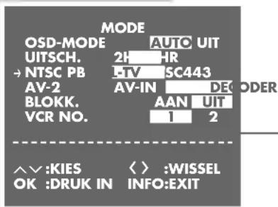 MODE OSD-MODE AUTO UIT UITSCH. 2H HR → NTSC PB -TV SC443 AV-2 AV-IN DE BLOKK. AAN UIT VCR NO. 1 2 ^✓ :KIES < > :WISSEL OK :DRUK IN INFO:EXIT