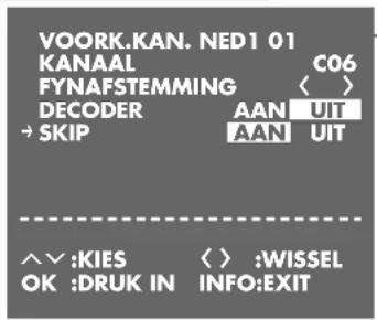 VOORK.KAN. NED1 01 KANAAL C06 FYNAFSTEMMING < > DECODER AAN UIT → SKIP AAN UIT ^∨ :KIES < > :WISSEL OK :DRUK IN INFO:EXIT