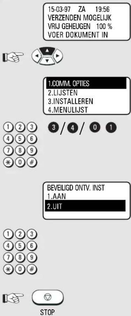 15-03-97 ZA 19:56 VERZENDEN MOGELIJK VRIJ GEHEUGEN 100 % VOER DOKUMENT IN 1.COMM. OPTIES 2.LIJSTEN 3.INSTALLEREN 4.MENULIJST 1 2 3 4 5 6 7 8 9 * 0 # 3 / 4 / 0 1 BEVEILIGD ONTV. INST 1.AAN 2.UIT 1 2 3 4 5 6 7 8 9 * 0 # STOP