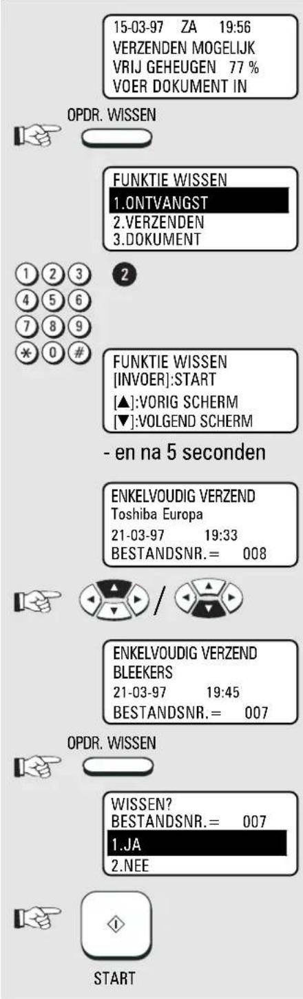 15-03-97 ZA 19:56 VERZENDEN MOGELIJK VRIJ GEHEUGEN 77 % VOER DOKUMENT IN OPDR. WISSEN FUNKTIE WISSEN 1.ONTVANGST 2.VERZENDEN 3.DOKUMENT 1 2 3 4 5 6 7 8 9 * 0 # 2 FUNKTIE WISSEN [INVOER]:START [▲]:VORIG SCHERM [▼]:VOLGEND SCHERM - en na 5 seconden ENKELVOUDIG VERZEND Toshiba Europa 21-03-97 19:33 BESTANDSNR.= 008 ENKELVOUDIG VERZEND BLEEKERS 21-03-97 19:45 BESTANDSNR.= 007 OPDR. WISSEN WISSEN? BESTANDSNR.= 007 1.JA 2.NEE START