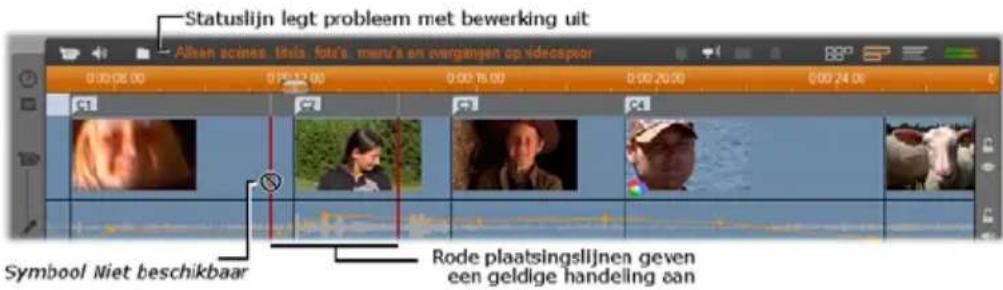 Statuslijn legt probleem met bewerking uit Alban scenes, links, fotu's, mertu's en overgangen op videospoor Symbool Niet beschikbaar Rode plaatsingslijnen geven een geldige handeling aan