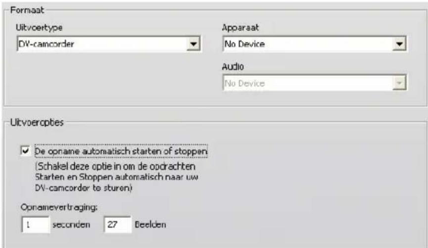 Formaat Uitvoertype DV-cancorder Apparaat No Device Audio No Device Uitvoeroptes ✓ De opname automatisch starten of stoppen (Schakel deze optie in om de opdrachten Starten en Stoppen automatisch naar uw DV-cancorder te sturen) Opnamevertraging: 1 seconden 27 Beelden