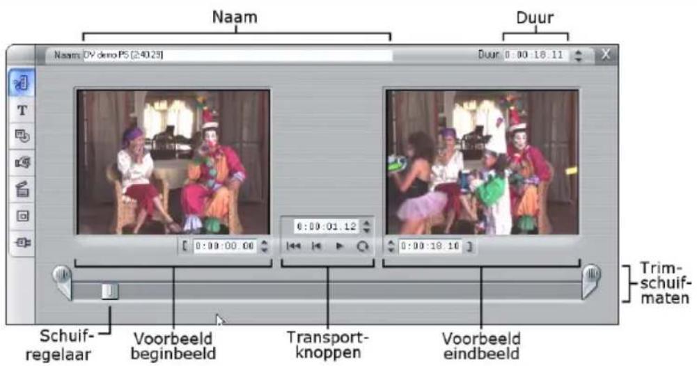Naam Duur Naam: DV demo PS [240.29] Duur 0:00:18.11 0:00:01.12 0:00:18.10 Schuif- regelaar Voorbeeld beginbeeld Transport- knoppen Voorbeeld eindbeeld Trim- schuif- maten