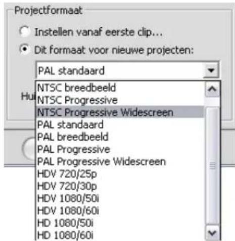 Projectformaat ○ Instellen vanaf eerste clip... ● Dit formaat voor nieuwe projecten: PAL standaard NTSC breedbeeld NTSC Progressive NTSC Progressive Widescreen PAL standaard PAL breedbeeld PAL Progressive PAL Progressive Widescreen HDV 720/25p HDV 720/30p HDV 1080/50i HDV 1080/60i HD 1080/50i HD 1080/60i