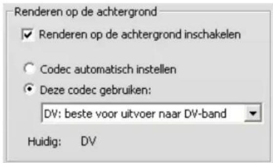 Renderen op de achtergrond ✓ Renderen op de achtergrond inschakelen ○ Codec automatisch instellen ● Deze codec gebruiken: DV: beste voor uitvoer naar DV-band Huidig: DV