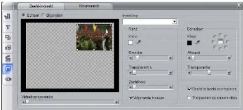 Beeld-in-beeld Kleuwwaarde Schaal Bijrijden Installing: Rand Klour Bredette Transparantie Zachtheid ✓ Abgarande hoeken Schadow Klour Abstand Transparantie ✓ Beeld-in-beeld insthokelen ✓ Toepassen op nieuwe clips Videotransparantie