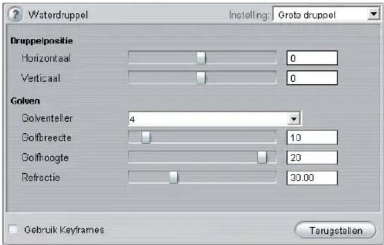 Waterdruppel Instelling: Grotte druppel Druppelpositie Horizontaal 0 Verticaal 0 Golven Golventeller 4 Golfbreechte 10 Golfhoogte 20 Refractie 30.00 Gebruik Keyframes Terugstellen