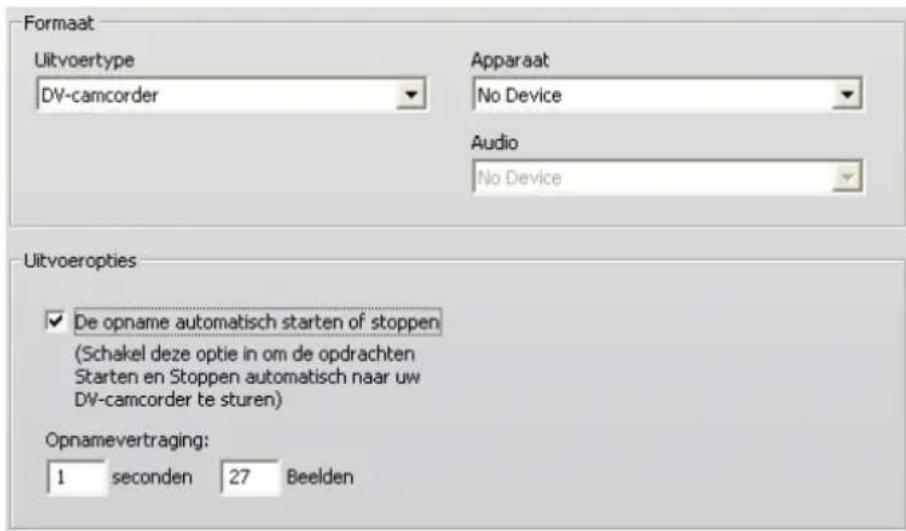 Formaat Uitvoertype DV-camcorder Apparaat No Device Audio No Device Uitvoeropties ✓ De opname automatisch starten of stoppen (Schakel deze optie in om de opdrachten Starten en Stoppen automatisch naar uw DV-camcorder te sturen) Opnamevertraging: 1 seconden 27 Beelden