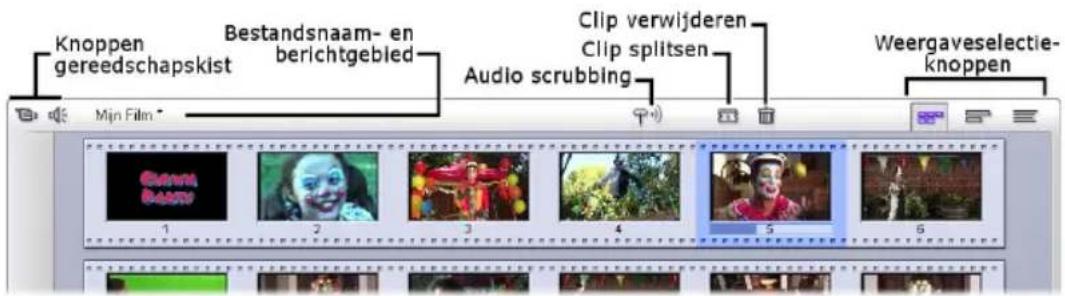 Knoppen gereedschapskist Bestandsnaam- en berichtgebied Clip verwijderen Clip splitsen Audio scrubbing Weergaveselectie- knoppen Mijn Film 1 2 3 4 5 6