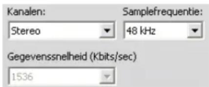 Kanalen: Stereo Samplefrequentie: 48 kHz Gegevensseltkeid (Kbits/sec) 1536
