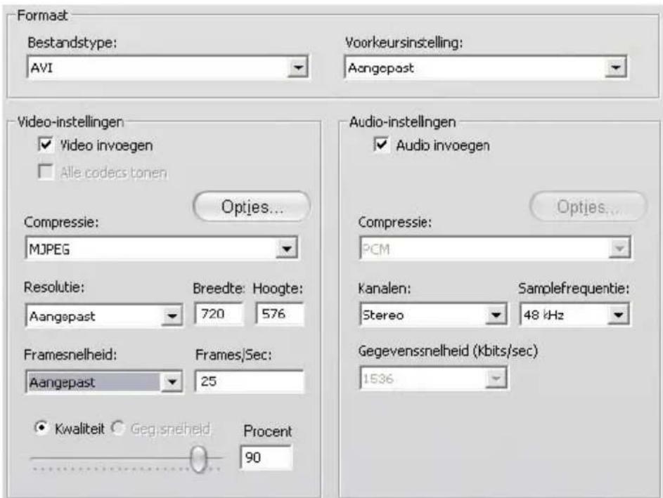 Format Bestandstype: AVI Voorkeursinstelling: Aangepast Video-instellingen ✓ Video invoegen ☐ Alle coders tonen Compressie: MJPEG Resolutie: Aangepast Breedte: 720 Hoogte: 576 Framesnelheid: Aangepast Frames/Sec: 25 Kwaliteit ○ Geg,snelheid Procent 90 Audio-instellingen ✓ Audio invoegen Compressie:…