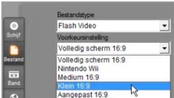 Bestandstype Flash Video Voorkeursinstelling Volledig scherm 16:9 Volledig scherm 16:9 Nintendo Wii Medium 16:9 Klein 16:9 Aangepast 16:9