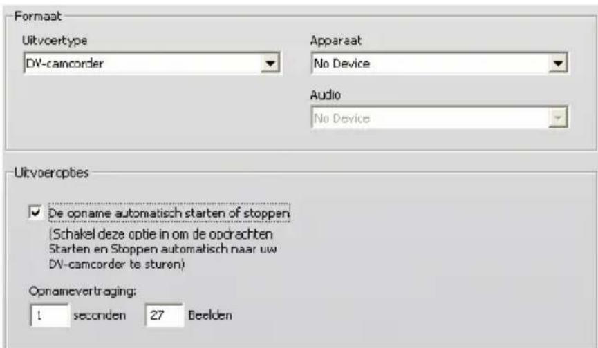 Formaat Uitvoertype DV-cancorder Apparaat No Device Audio No Device Uitvoeroptes ✓ De opname automatisch starten of stoppen (Schakel deze optie in om de opdrachten Starten en Stoppen automatisch naar uw DV-cancorder to sturen) Opnamevertraging: 1 seconden 27 Beelden
