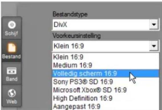 Bestandstype DivX Voorkeursinstelling Klein 16:9 Klein 16:9 Medium 16:9 Volledig scherm 16:9 Sony PS3® SD 16:9 Microsoft Xbox® SD 16:9 High Definition 16:9 Aangepast 16:9
