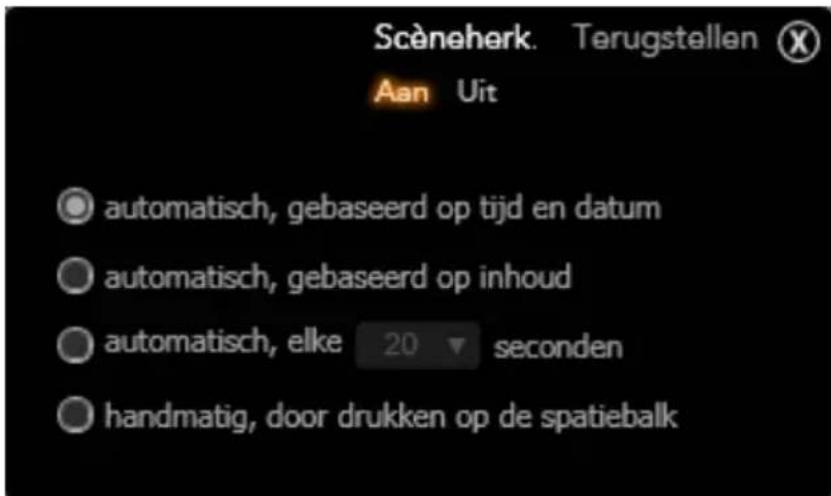 Scèneherk. Terugstellen Aan Uit automatisch, gebaseerd op tijd en datum automatisch, gebaseerd op inhoud automatisch, elke 20 seconden handmatig, door drukken op de spatiebalk