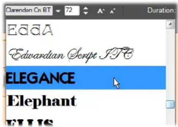 Clarendon Cn BT 72 A* A* Duration: EAAA Edwardian Script FTE ELEGANCE Elephant ELLIS