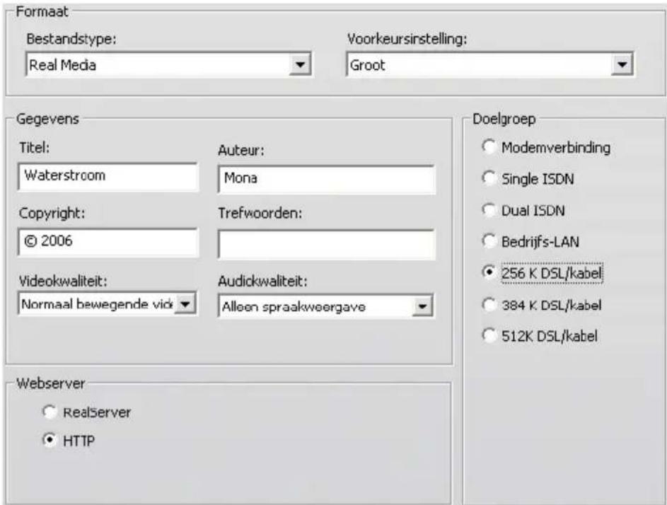 Formaat Bestandstype: Real Media Voorkeursinstelling: Groot Gegevens Titel: Waterstroom Auteur: Mona Copyright: © 2006 Trefwoorden: Videokwaliteit: Normaal bewegende vick Audickwaliteit: Alleen spraakweergave Webserver RealServer HTTP Doelgroep Modemverbinding Single ISDN Dual ISDN Bedrijfs-LAN 256…