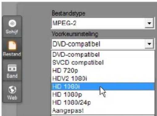 Bestandstype MPEG-2 Voorkeursinsteling DVD-compatibel DVD-compatibel SVCD compatibel HD 720p HDV2 1080i HD 1080i HD 1080p HD 1080/24p Aangepas!