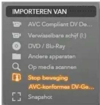 IMPORTEREN VAN AVC Compliant DV De... Verwisselbare schif (I:) DVD / Blu-Ray Andere apparaten Op media scannen Stop beweging AVC-konformes DV-Ge... Snapahot